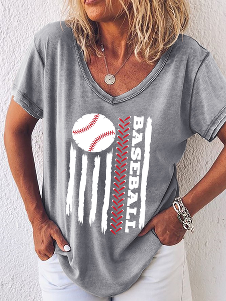 

Women's Funny Baseball American Flag Simple V Neck T-Shirt, Gray, T-shirts
