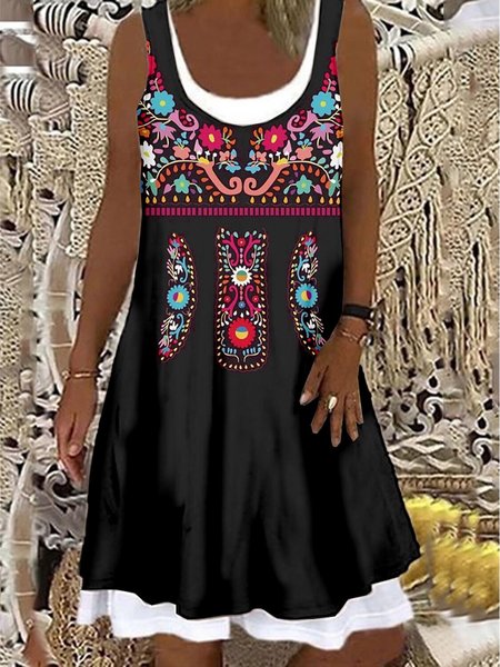 

Womens Boho Crew Neck Mexican Floral Print Dresses, Black, Dresses