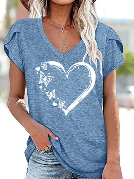 

Women's Casual Butterfly Heart Print V Neck T-Shirt, Blue, T-shirts