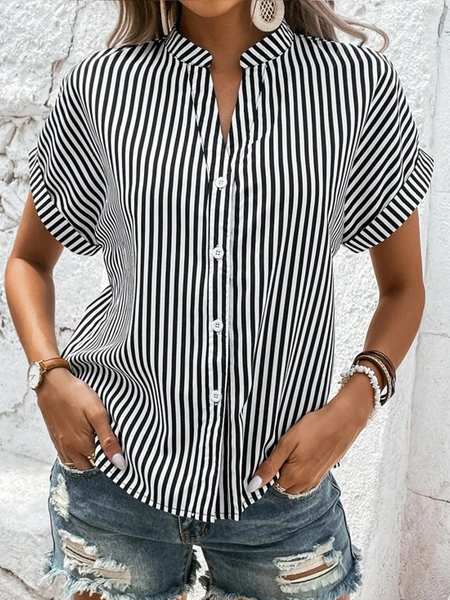 

Buttoned Shirt Collar Casual Blouse, Black-white, Shirts & Blouses