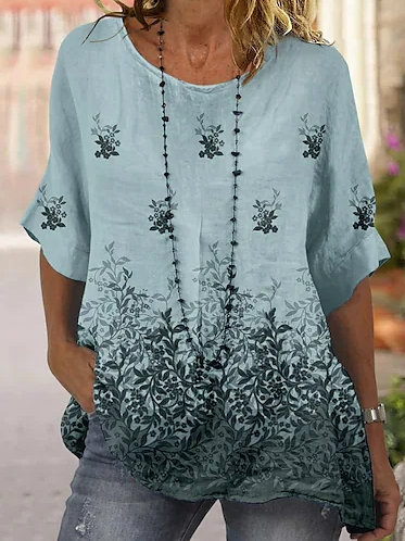 

Floral Loose Crew Neck Elegant Shirt, Blue, Shirts & Blouses