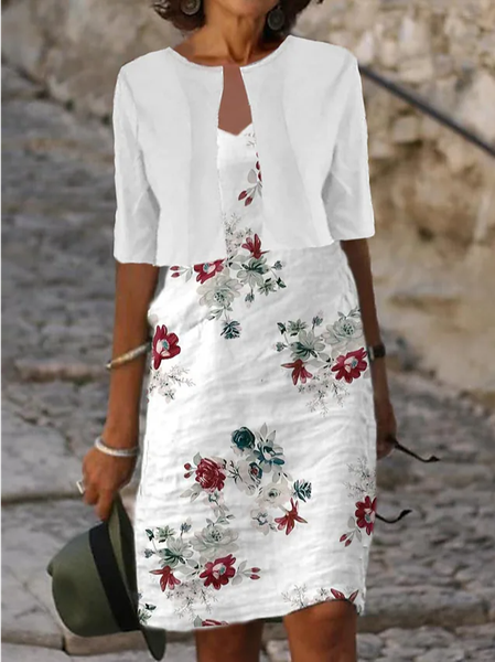 

Floral Casual Crew Neck Loose Two-Piece Set, White, Dresses