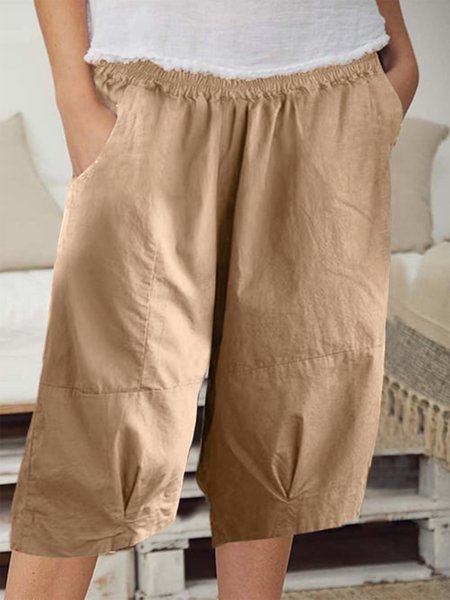 

Loose Elastic Band Cotton Shorts, Khaki, Shorts