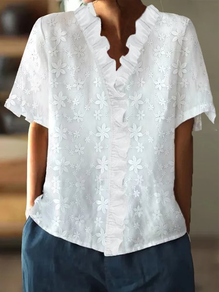 

Women Elegant Ruffled Trim V Neck Lace Floral Cotton Linen Short Sleeve Blouse, White, Blouses & Shirts
