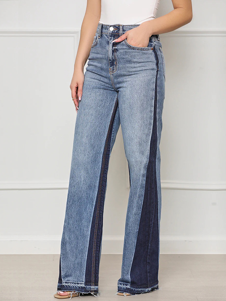 

Micro-Elasticity Urban Color Block Loose Long Jeans Straight pants, Denim blue, Jeans
