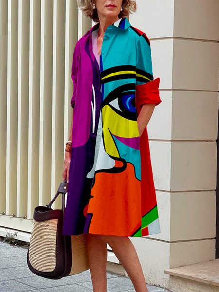 

Abstract Shirt Collar Urban Loose Midi Dress, As picture, Midi Dresses