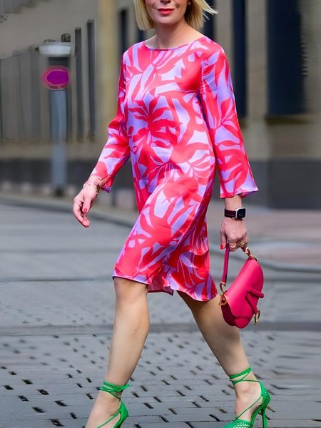 

Floral Loose Vacation Crew Neck Dress, As picture, Midi Dresses
