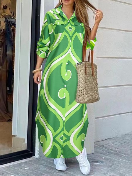 

Shirt Collar Loose Geometric Casual Dress, Green, Maxi Dresses