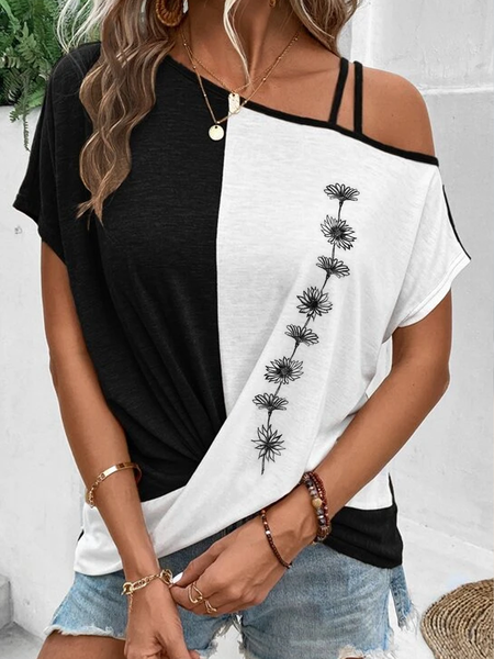 

Jersey Asymmetrical Casual Plain T-Shirt, Black-white, T-Shirts