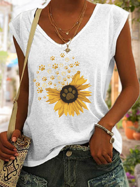 

Women's Cute Dog Cotton-Blend Simple Sunflower V Neck Tank Top, White, Tank Tops