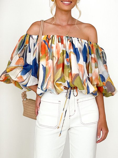 

Boat Neck Vacation Loose Floral Print Shirt, As picture, Blouses and Shirts