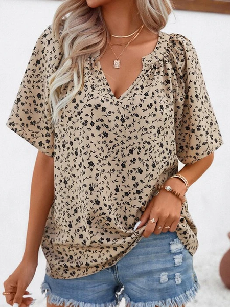 

Floral V Neck Loose Casual Shirt, Khaki, Shirts & Blouses