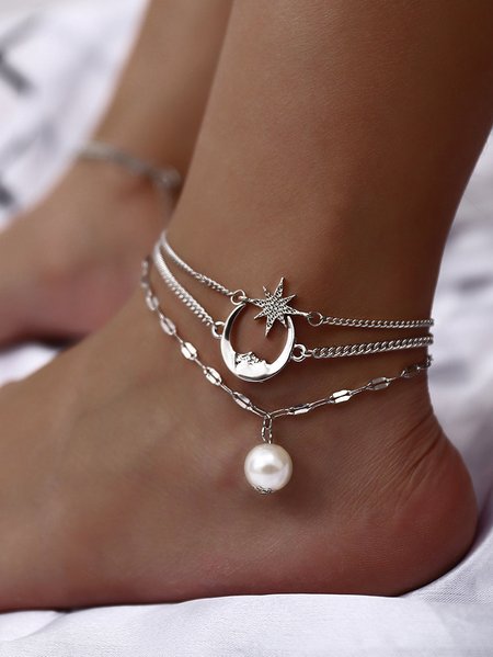 

Boho Silver Metal Star Moon Pattern Pearl Multilayer Anklet Casual Women Jewelry, Anklets
