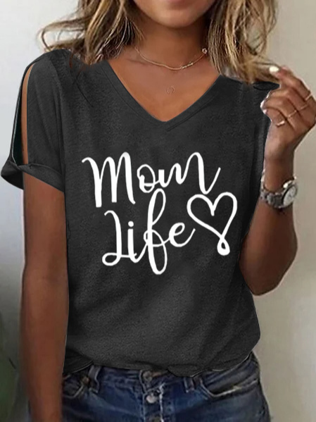

Loose Text Letters Casual V Neck T-Shirt, Black, T-Shirts