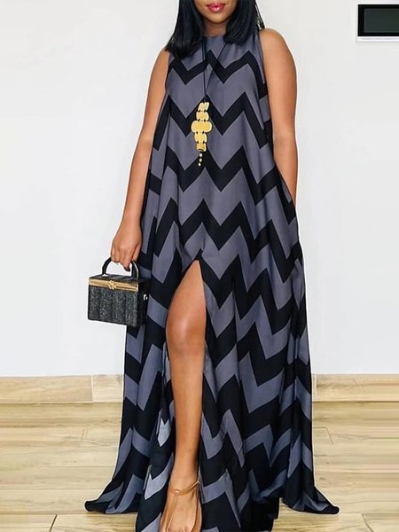 

Crew Neck Loose Geometric Vacation Dress, As picture, Maxi Dresses
