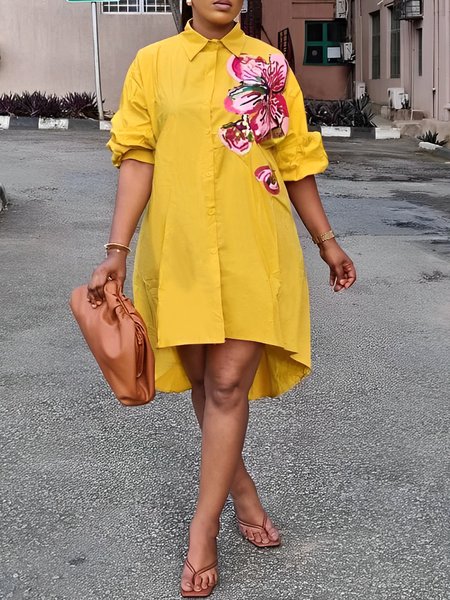 

Vacation Floral Shirt Collar Loose Shirt Dress, Yellow, Mini Dresses