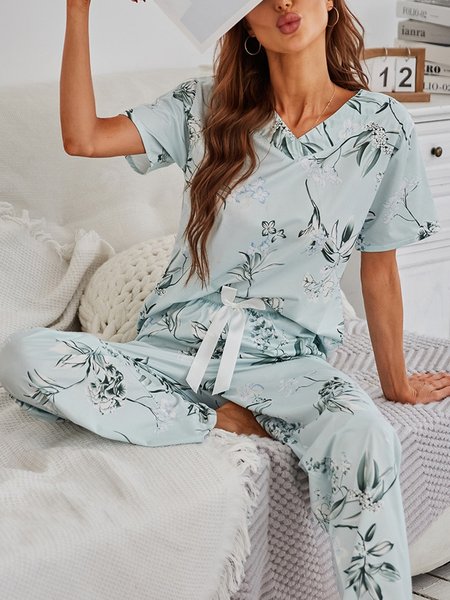 

Elegant Loose Floral Pajama Set, Aqua, Loungewear & Sleepwear