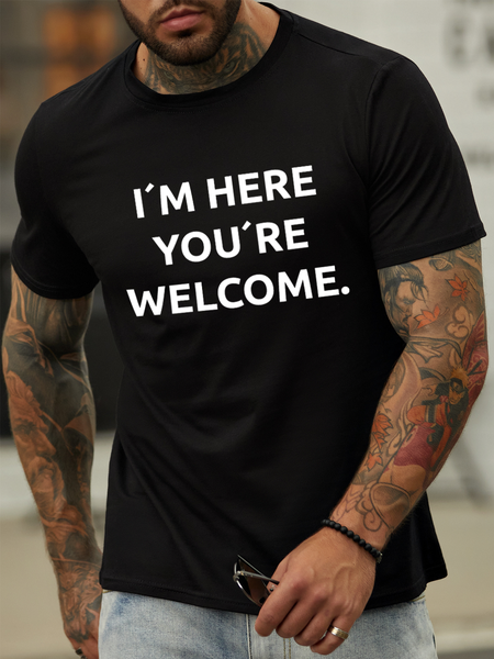 

Lilicloth X Hynek Rajtr I’m Here You’re Welcome Men’s Crew Neck Text Letters Casual T-Shirt, Black, T-shirts