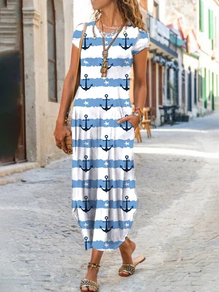 Crew Neck Anchor Loose Casual Dress, Blue, Dresses