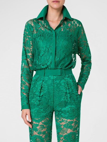 

Shirt Collar Elegant Loose Lace Blouse, Green, Blouses and Shirts