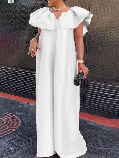 

Loose Elegant V Neck Plain Dress, White, Maxi Dresses