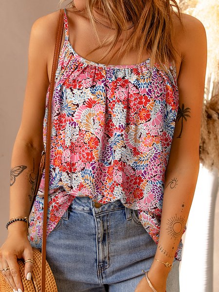 

Casual Crew Neck Floral Loose Cami, Red, Tanks & Camis