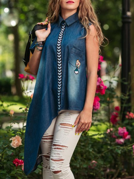 

Casual Shirt Collar Denim Plain Blouse, Blue, Blouses and Shirts