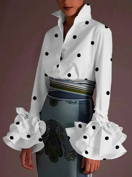 

Polka Dots Shirt Collar Loose Urban Blouse, White, Blouses and Shirts
