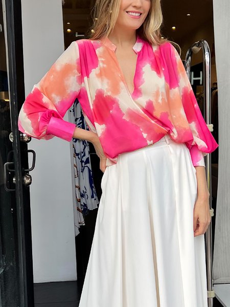 

V Neck Gradient Pattern Loose Elegant Blouse, Pink, Blouses and Shirts