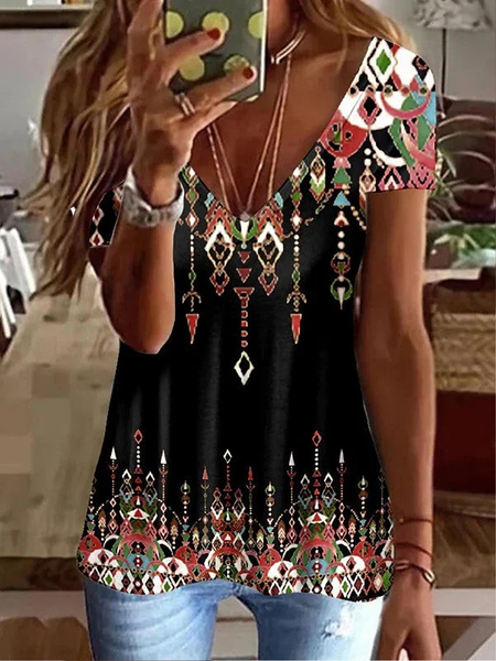 

Boho Jersey V Neck Regular Fit T-Shirt, Black, T-Shirts