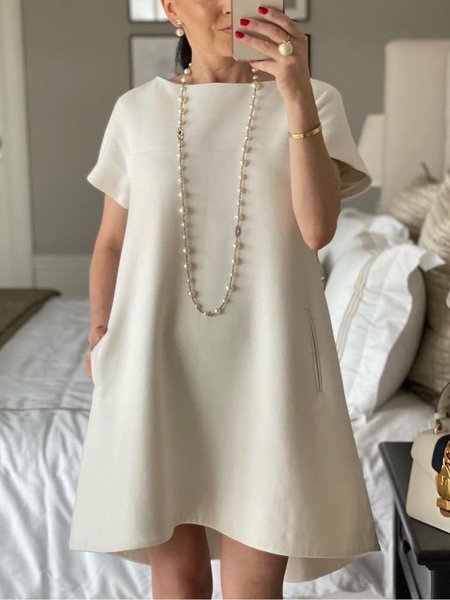 

Plain Elegant Loose Short Sleeve Mini Dress, White, Mini Dresses