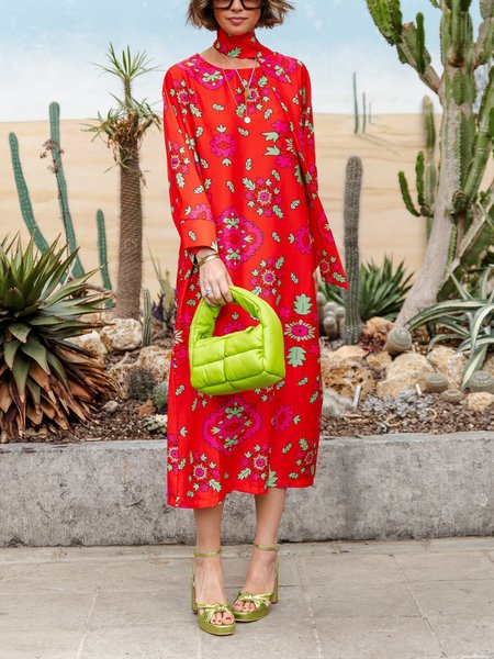 

Crew Neck Vacation Floral Loose Dress, As picture, Maxi Dresses