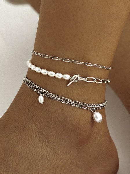 

Casual Silver Metallic Pearl Beaded Layered Anklet Vacation Boho Women's Jewelry, Anklets