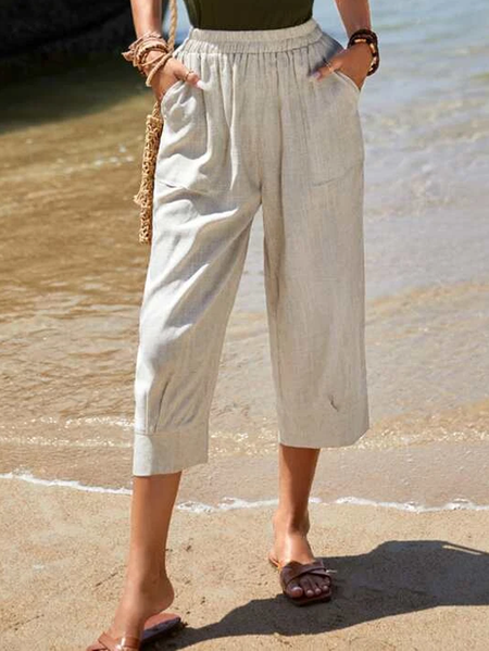 

Linen Plain Loose Cotton And Linen Pants, Light khaki, Pants