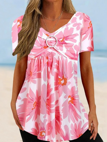 

Loose Floral Elegant V Neck Shirt, Pink, Shirts & Blouses