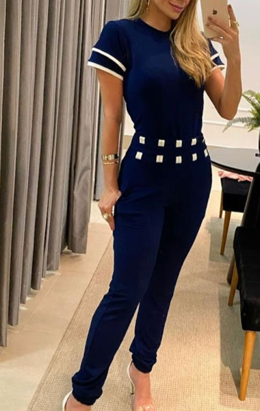 

Color Block Casual Crew Neck Two-Piece Set, Navyblue, Suit Set