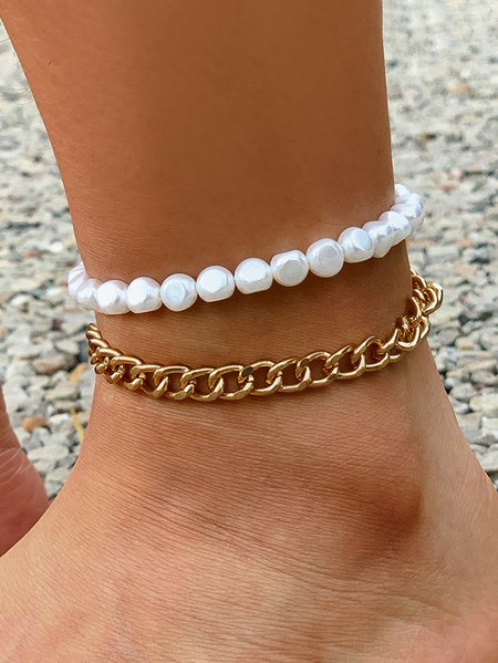 

Casual Gold Metal Pearl Beaded Layered Anklet Holiday Bohemian Women Jewelry, Golden, Anklets