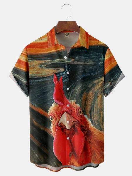 

Big Size Fun Rooster Chest Pocket Short Sleeve Casual Shirt, Brown, Men Shirts