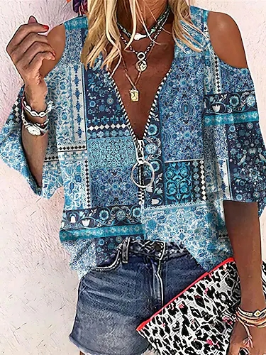 

Casual Zipper Cold Shoulder Loose Blouse, Blue, Shirts & Blouses