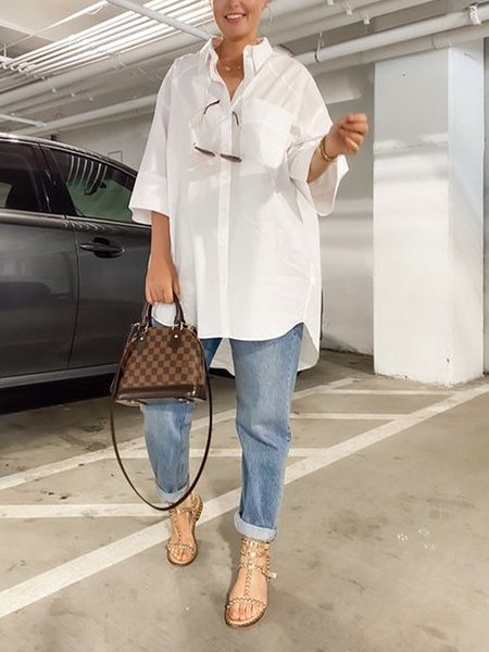 Loose Shirt Collar Plain Casual Blouse, White, Blouses and Shirts