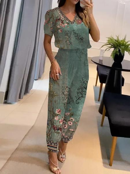 

Floral Jersey Boho Loose Two-Piece Set, Green, Suit Set