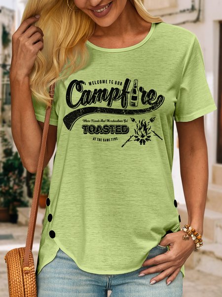 

Lilicloth X Cadzart Welcome To Our Campfire Where Marshmallow Get Toasted At The Same Time Women’s Casual Text Letters T-Shirt, Green, T-shirts
