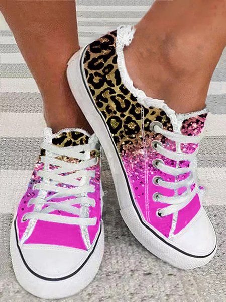 

Contrast Leopard Gradient Fringe Hem Lace-Up Canvas Shoes, Rose red, Sneakers