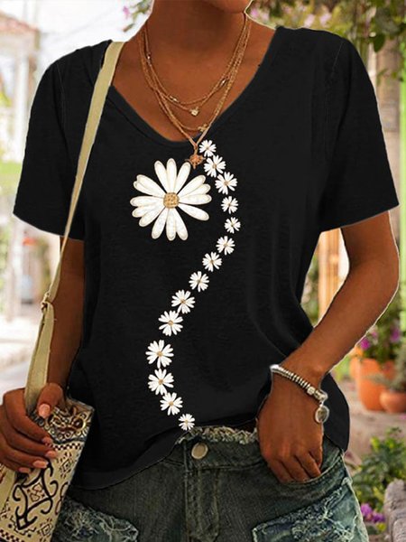 

Women Casual Floral Daisy V Neck Loose Short Sleeve Summer T-Shirt, Black, Tees & T-shirts