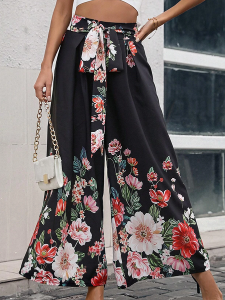 

Floral Casual Loose Leggings, Black, Pants