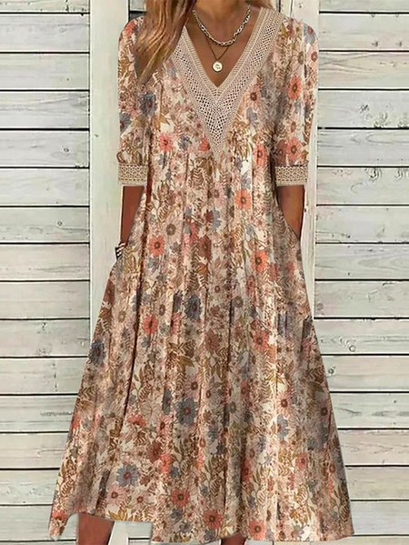 

Casual V Neck Floral Dress, Khaki, Dresses