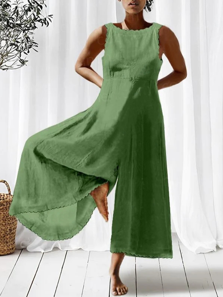 

Linen Loose Crew Neck Jumpsuit, Green, Jumpsuits＆Rompers