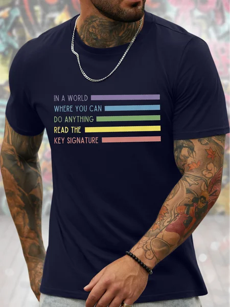 

Men's In A World Where You Can Do Anything Read The Key Signature Funny Musician Band Director Orchestra Director Rainbow Graphic Printing Casual Text Letters Cotton T-Shirt, Purplish blue, T-shirts