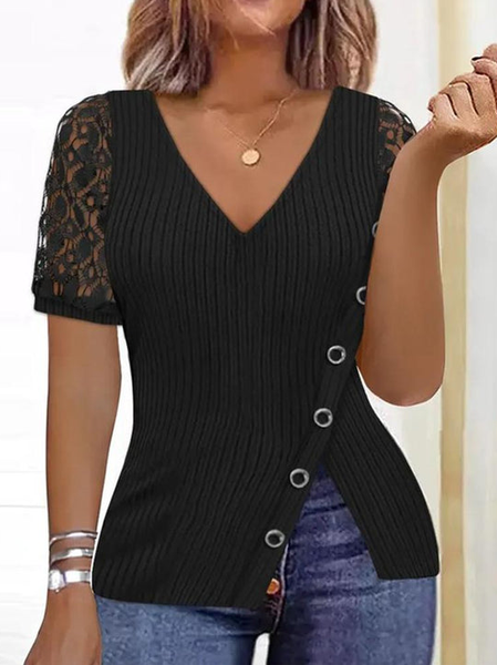 

Grommets V Neck Simple Shirt, Black, Shirts & Blouses