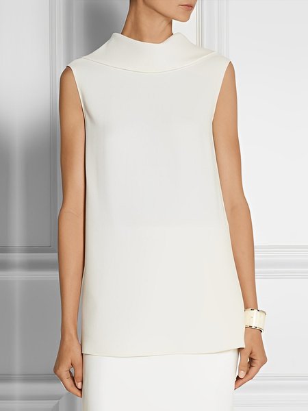 

Urban Simple Stand Collar Plain Sleeveless Shirt, White, Blouses and Shirts